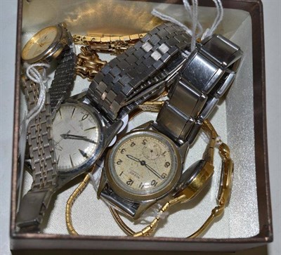 Lot 193 - Two gentlemen's steel watches, five lady's watches and two pairs of clip earrings