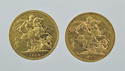 Lot 267 - 2 x Victoria, Sovereigns 1882M and 1886M,...