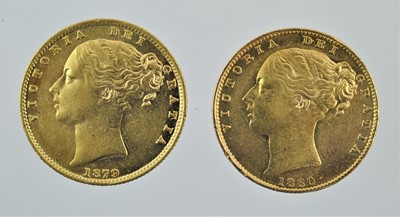 Lot 265 - 2 x Victoria, Sovereigns 1879S and 1880S, obv....