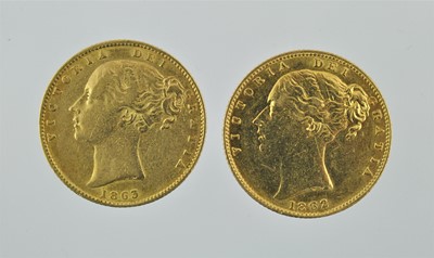 Lot 248 - 2 x Victoria, Sovereigns 1862 and 1863, obv....