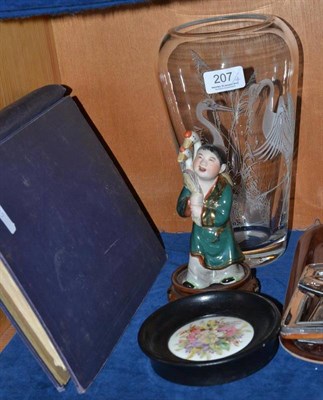 Lot 207 - Modern glass vase, Japanese figure, stamp album and pot lid