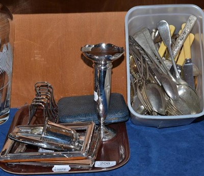 Lot 208 - A small silver waiter, a cup, a toast rack, four photograph frames, a loaded vase, a teaspoon,...