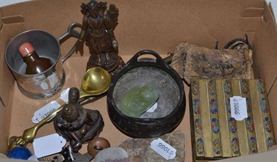 Lot 212 - A box of miscellaneous Chinese items including a spoon, purses, a box etc