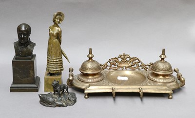 Lot 161 - A Victorian brass inkwell, bronze bust, and...