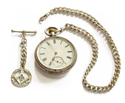 Lot 245 - Silver pocket watch, chain and fob,...