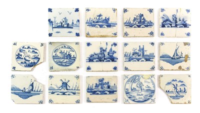 Lot 42 - Fourteen Various Delft Tiles, painted in blue...