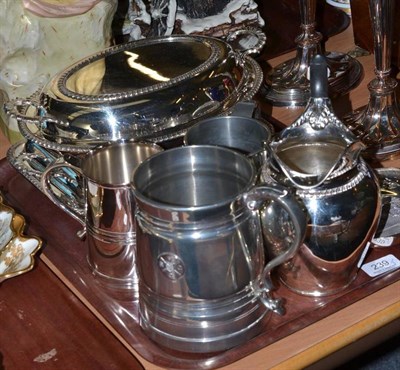 Lot 239 - A pair of plated on copper candlesticks, two entree dishes and covers and various plated ware