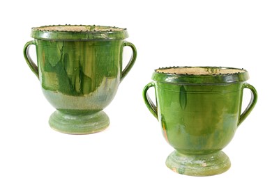 Lot 715 - A Pair of Green Glazed Terracotta Urns, of...