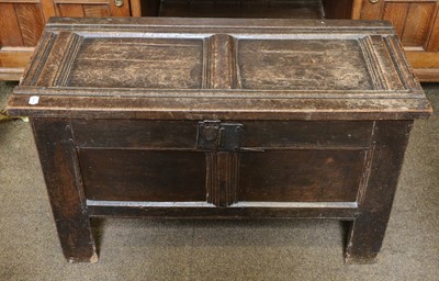 Lot 1257 - An 18th century oak two panel coffer, 96cm by...