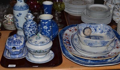 Lot 255 - A large pearlware meat dish, blue and white pottery and three Chinese vases