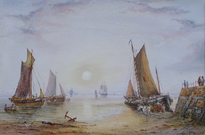 Lot 1014 - George F Turner (1843-1910) Boats moored off a...