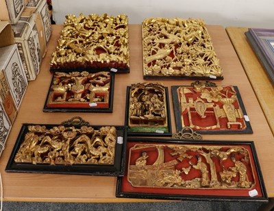 Lot 399 - Seven various Chinese carved giltwood panels,...