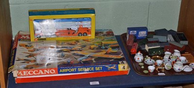 Lot 285 - A Meccano set, a Corgi Transporter, a quantity of railway O and OO wagons (16), a doll's tea...