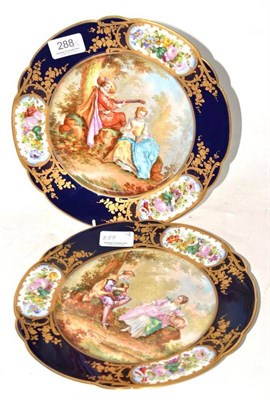 Lot 288 - A pair of late 19th century blue ground cabinet plates decorated with classical figures