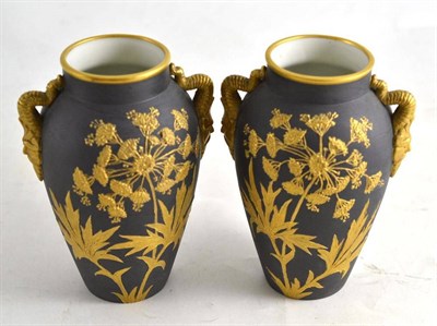 Lot 296 - A pair of black ground English porcelain vases, possibly Worcester