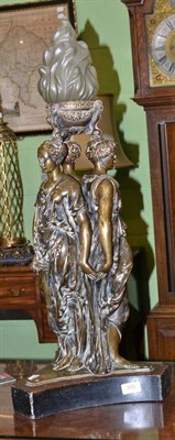 Lot 305 - A bronze figural lamp base - The Three Graces, with later flambe shade