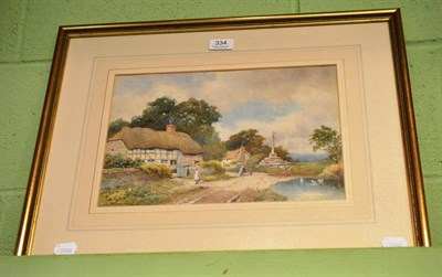 Lot 334 - Watercolour of figures and a thatched cottage signed Arthur Miles