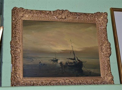 Lot 340 - Jack Cox (British) Fishing vessels at dusk, signed, oil on hardboard, 29cm by 40cm