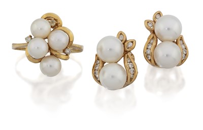Lot 2141 - A Cultured Pearl and Diamond Ring and A Pair of Cultured Pearl and Diamond Earrings