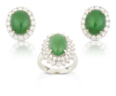 Lot 2292 - A Jade Cluster Ring and A Pair of Jade and Diamond Cluster Earrings