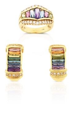 Lot 2282 - A Multi-Gem Set Ring and Matching Earrings
