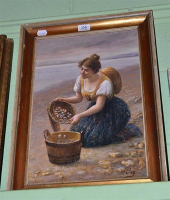 Lot 356 - British School, 19th century, Fishergirl washing mussels on a beach, signed, oil on canvas