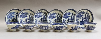 Lot 16 - Six Caughley teabowls and saucers printed with...