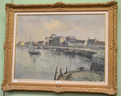 Lot 372 - Jack Cox (British) Harbour scene with sailing vessels, buildings and figures, signed, oil on...