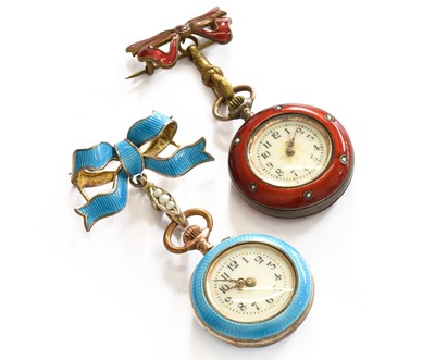 Lot 221 - Two lady's enamel fob watches, both with...
