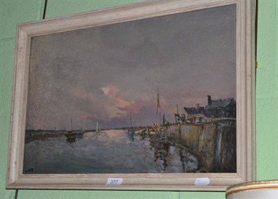 Lot 377 - Jack Cox (British) Estuary scene with quay, signed, oil on hardboard, 34cm by 54cm