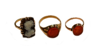 Lot 246 - A 9 carat gold cameo ring, finger size U; a...