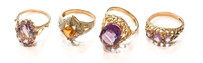 Lot 361 - Three 9 Carat Gold Amethyst Rings, of varying...