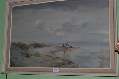 Lot 378 - Jack Cox (British) Lone seagull perched on sand dunes, signed, oil on hardboard, 44cm by 69cm