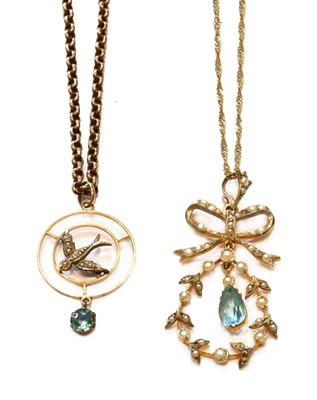 Lot 360 - An Aquamarine and Split Pearl Pendant on Chain,...