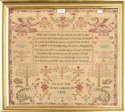 Lot 2141 - Framed Pictorial Sampler Worked by Grace Gill,...