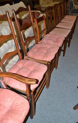 Lot 468 - A set of four mahogany Chippendale-style dining chairs, a pair of beech ladder-back chairs with...