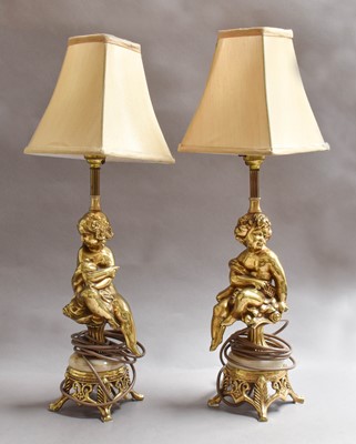 Lot 274 - A pair of gilt metal and marble electric table...
