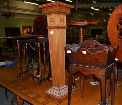 Lot 486 - A mahogany Sutherland table, an Edwardian inlaid mahogany torchere and an oak cutlery tray on fixed