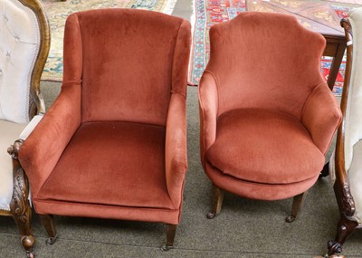 Lot 1336 - Two Edwardian armchairs upholstered to match (2)