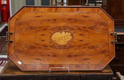 Lot 1359 - A Yew wood cross banded serving tray of canted...