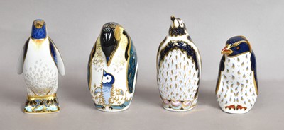 Lot 235 - Four Royal Crown Derby penguin paperweights,...