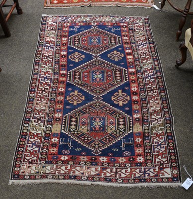 Lot 1223 - Kuba rug, the indigo field with three stepped...