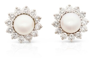 Lot 2298 - A Pair of Platinum Cultured Pearl and Diamond Cluster Earrings