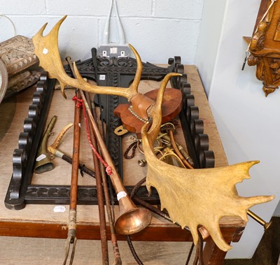 Lot 304 - A pair of mounted antlers, a copper coaching...