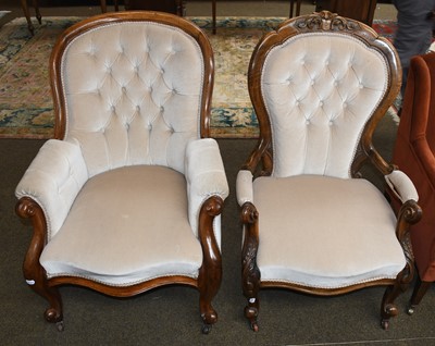 Lot 1337 - A Victorian walnut framed button-back chair;...