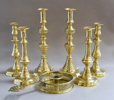 Lot 2 - Three pairs of brass candlesticks and a...