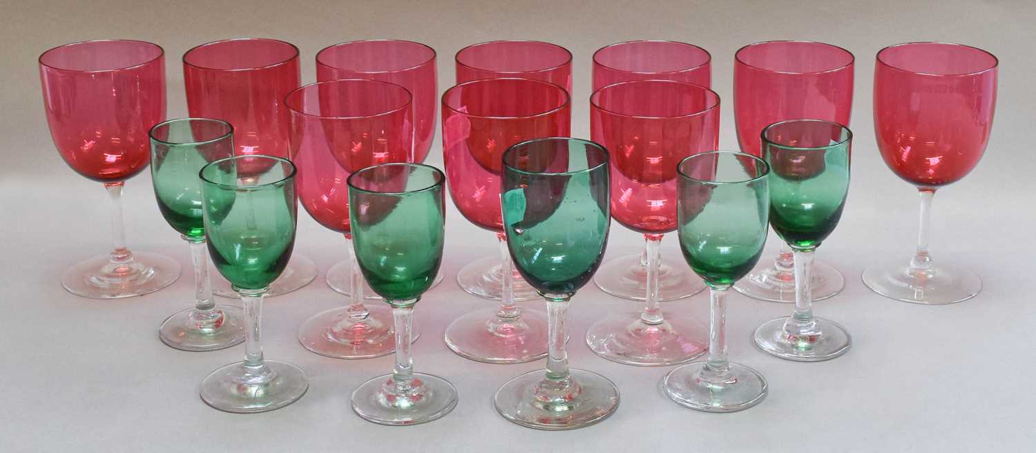 Lot 19 - Ten cranberry and six green wine glasses