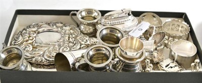 Lot 5 - Three silver labels, silver buckle, silver napkin ring, silver spoon, silver backed dressing...