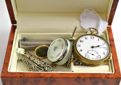 Lot 36 - A small enamel box stamped '925', plated pocket watch, etc