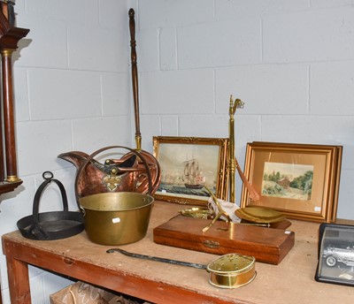 Lot 303 - A set of fire tools on stand, a copper warming...